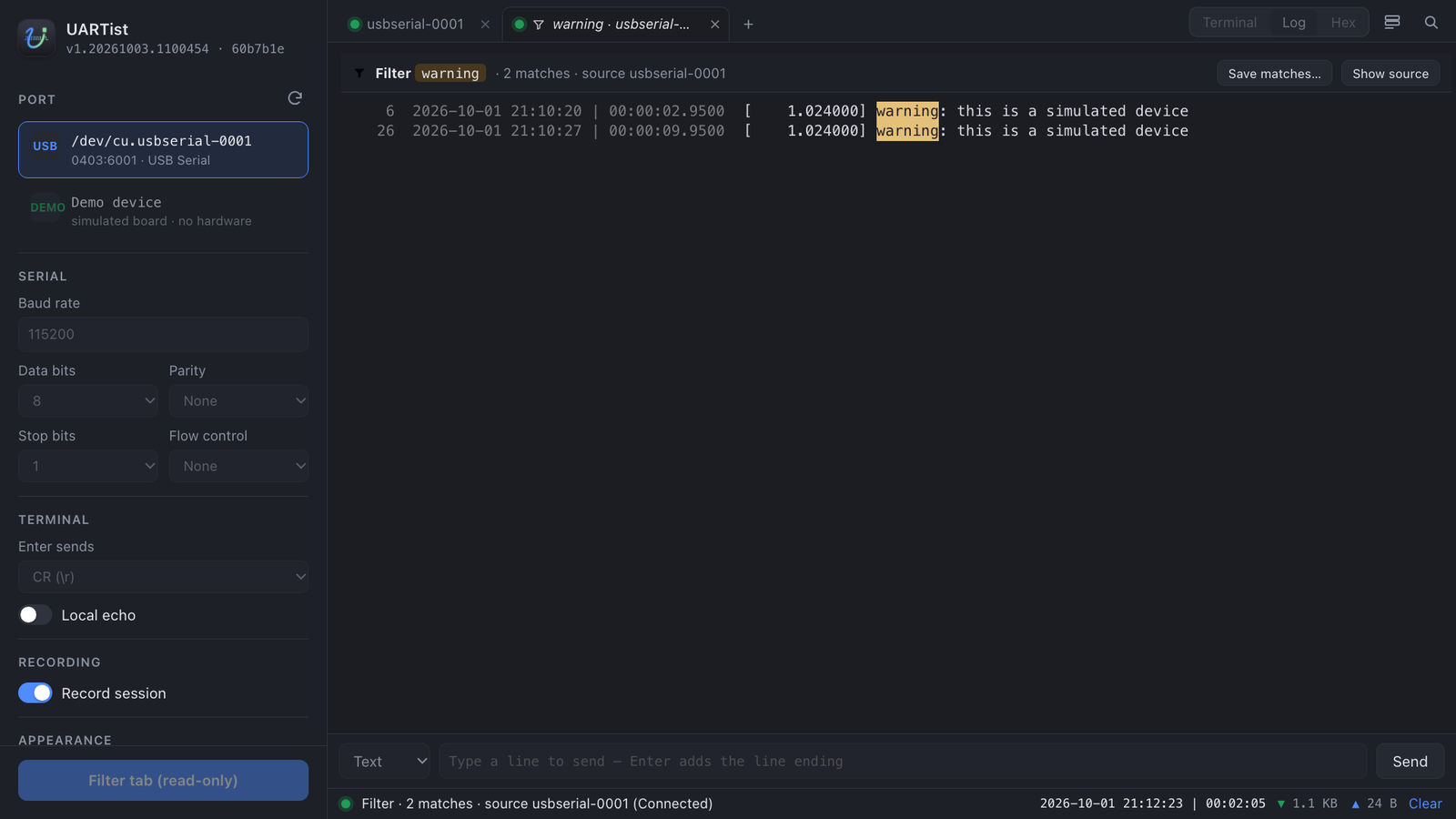 A filter tab: the matching lines, live, with their line numbers and times