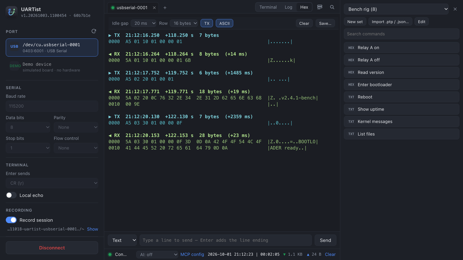 The hex view: each command and reply as hex frames, with times