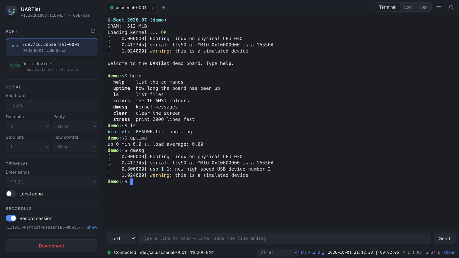UARTist: a board's console in the terminal, with the port and serial settings in the side bar